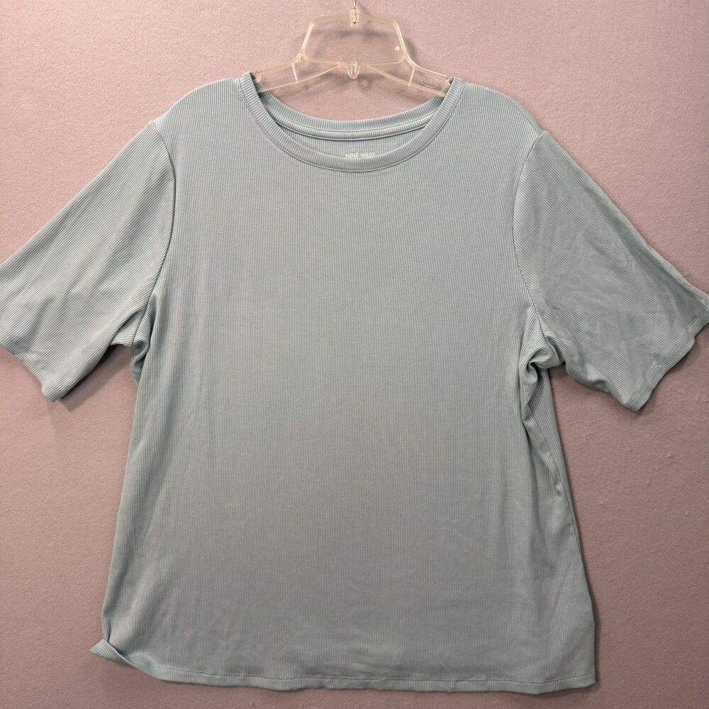 Nine West Womens 1X Ribbed Knit Top Short Sleeve Sage Green Crew Neck Plus Size